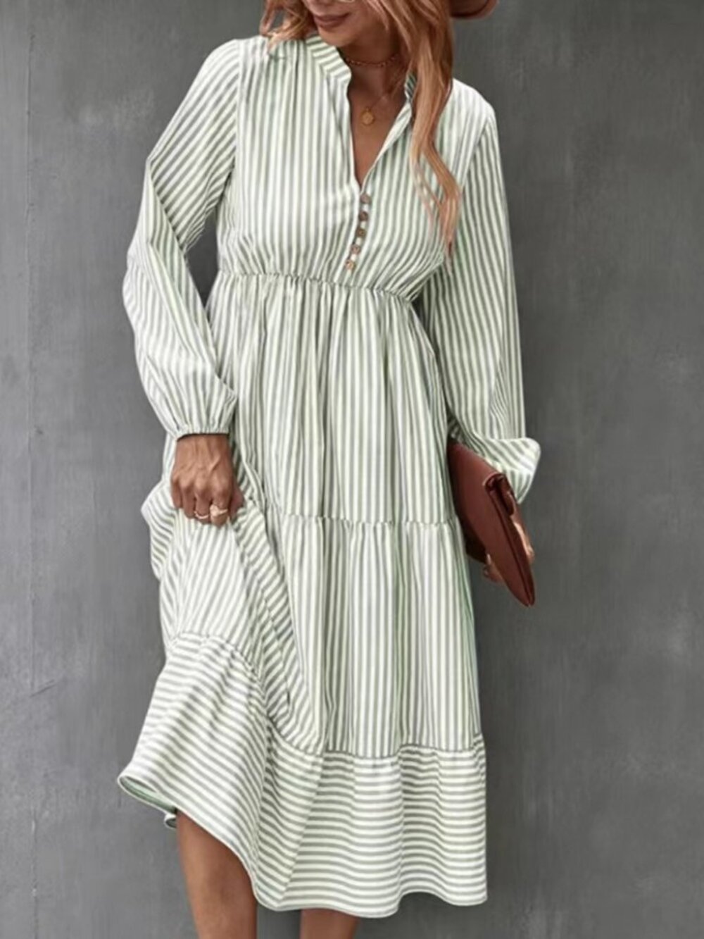 Women's Sage Green Striped V-Neck Long-Sleeve Tiered Midi Dress